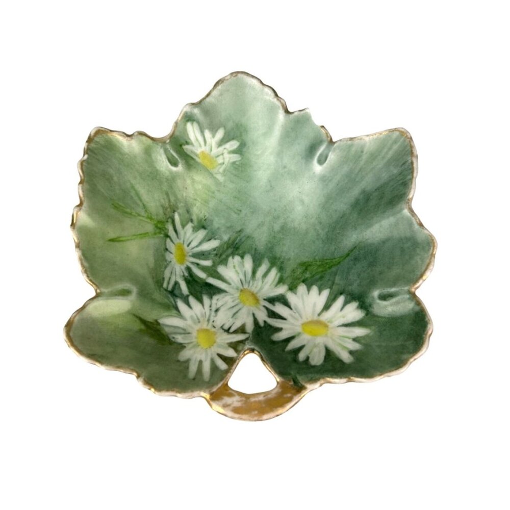 O & E.G. Royal Austria Leaf Floral Daisy Trinket Dish Green Porcelain Decor READ